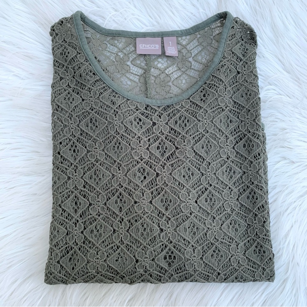 Chico’s Crochet Layering Top Olive Green Womens Medium